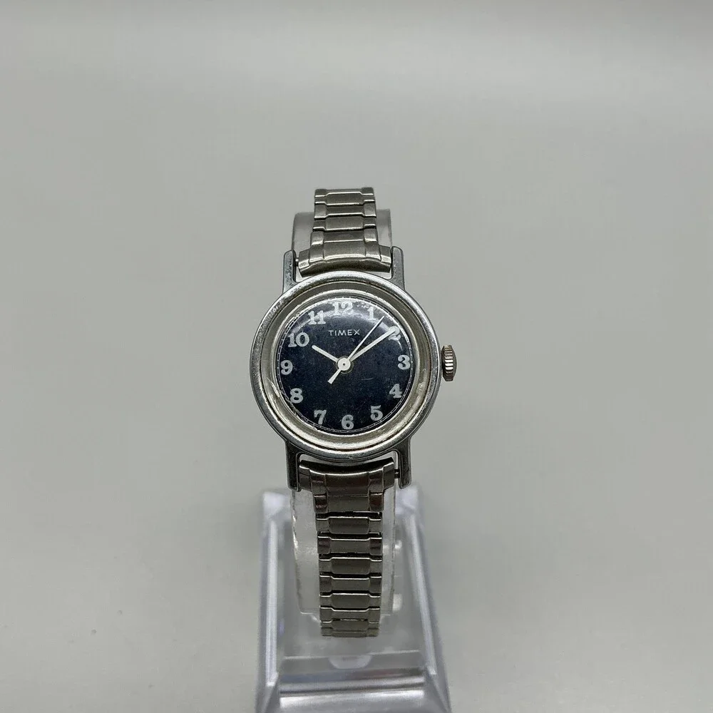 Vintage Timex Womens Watch 25mm Black Dial Stainless Bracelet Manual Wind